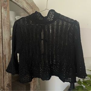 FREE PEOPLE Crochet Top with Bell Sleeves In Black • size small EUC